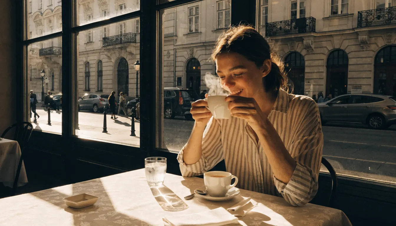 Junge Frau mit Kaffee in einem Wiener Café bei sonnigem Licht