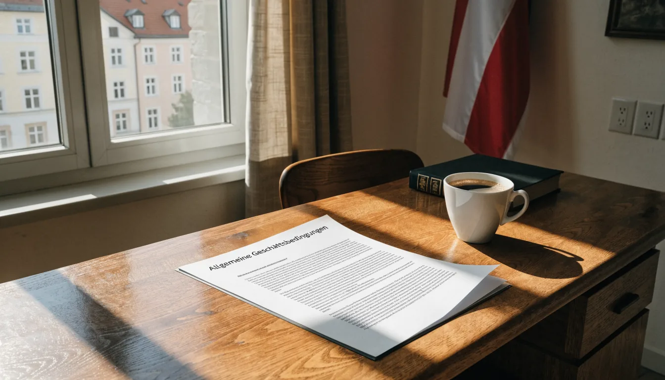 Büro in Österreich mit geöffneten AGB, österreichischer Flagge und warmem Licht.