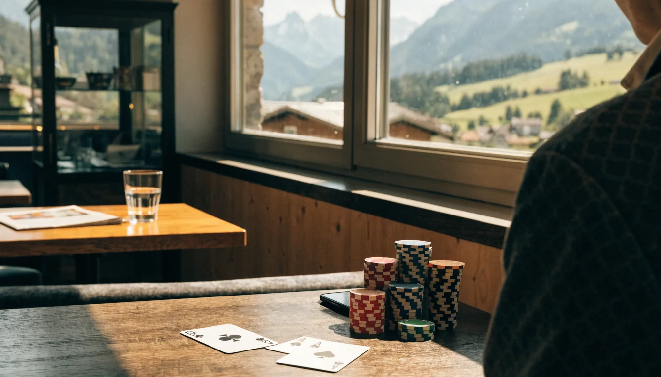 Entspannte Café‑Szene mit Spielchips und Smartphone in Österreich