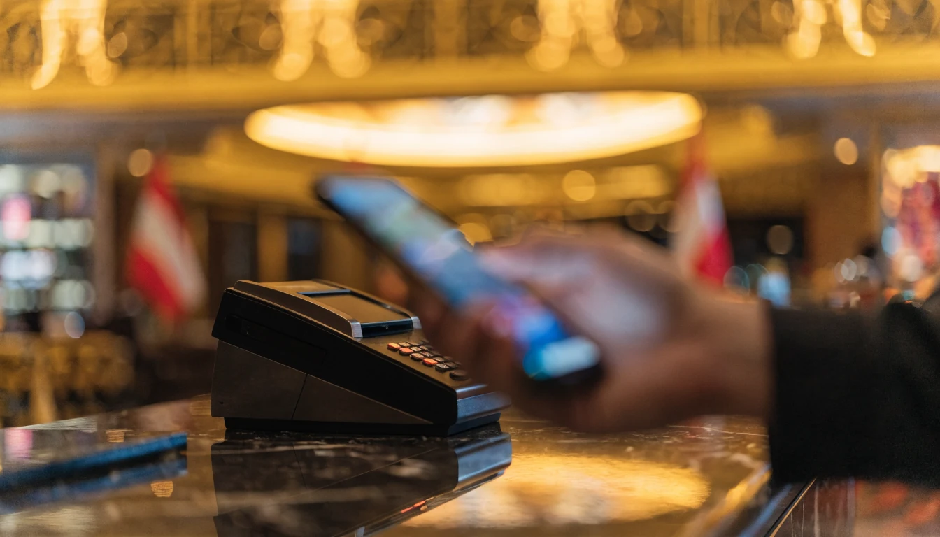 Modernes Casino-Interieur in Österreich mit Zahlungs-Terminal und Smartphone