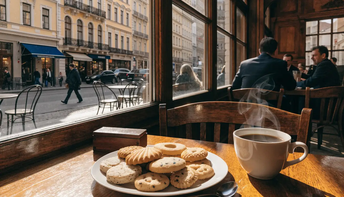 Gemütliches Wiener Café mit Keksen und Kaffee im Licht