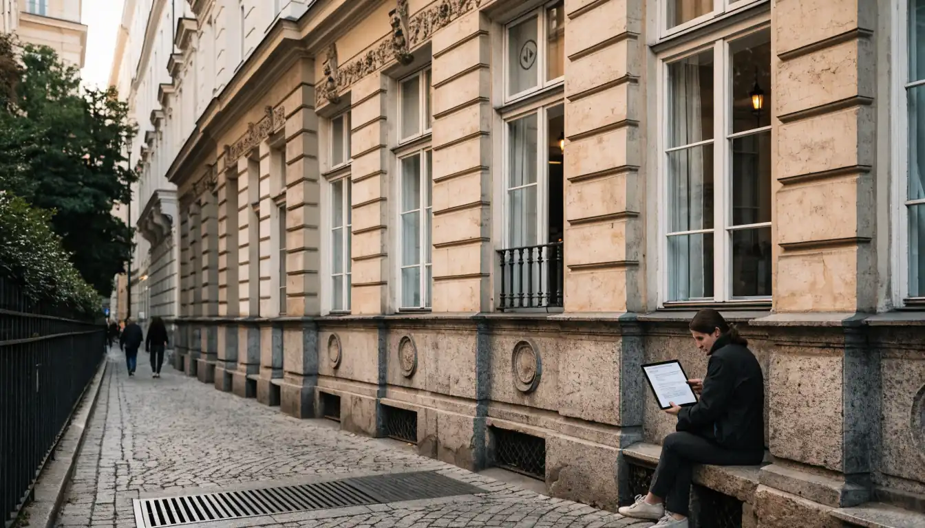Österreichische Straße mit historischem Gebäude und Datenschutzsymbol im Tageslicht