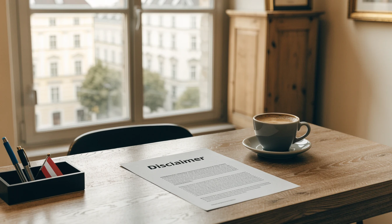 Bürotisch mit Disclaimer-Dokument, Kaffetasse und Wiener Fensterlicht