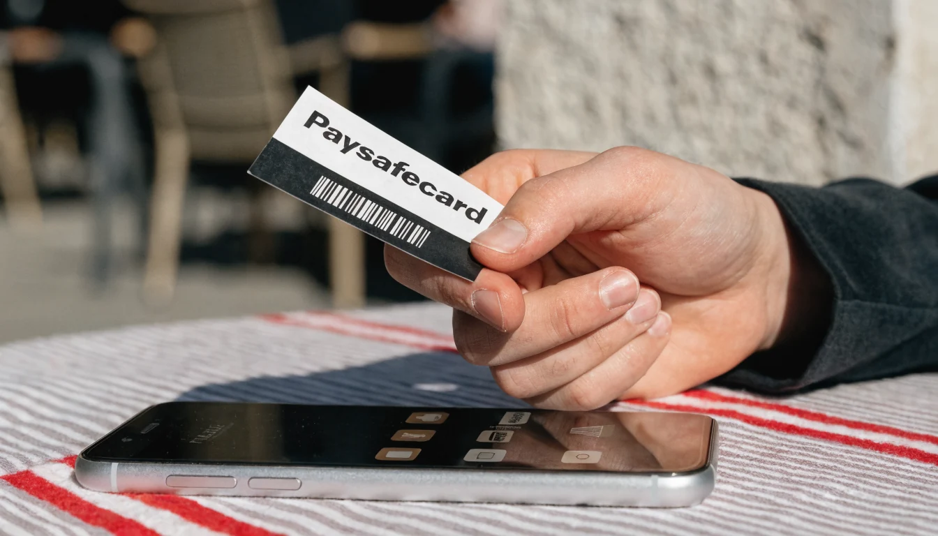 Hand hält Paysafecard und zeigt E‑Wallet‑Symbole auf Smartphone.