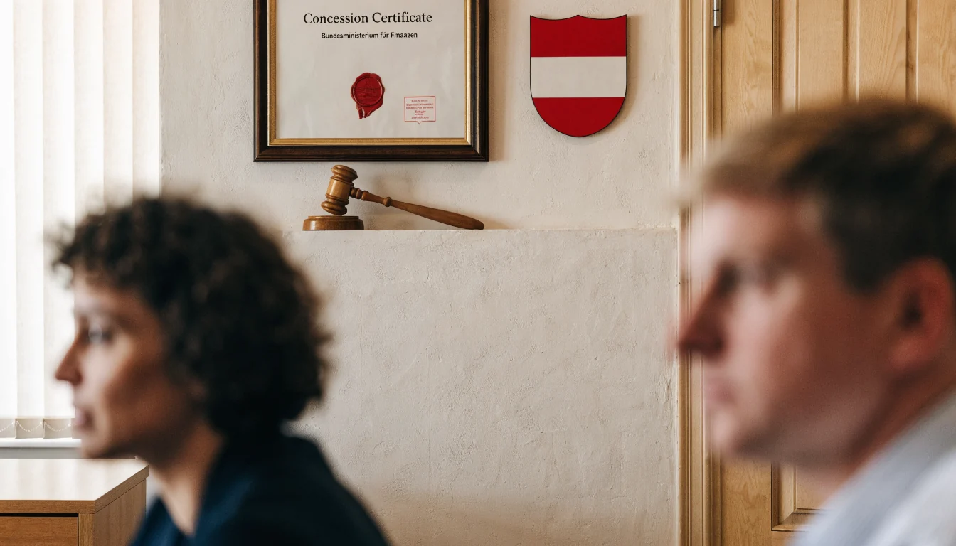 Ministerium für Finanzen zeigt Konzessionszertifikat und Wappen.
