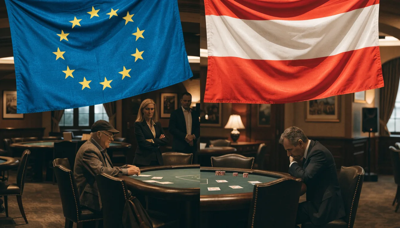 EU‑Flagge neben österreichischer Flagge über Casino‑Interieur.