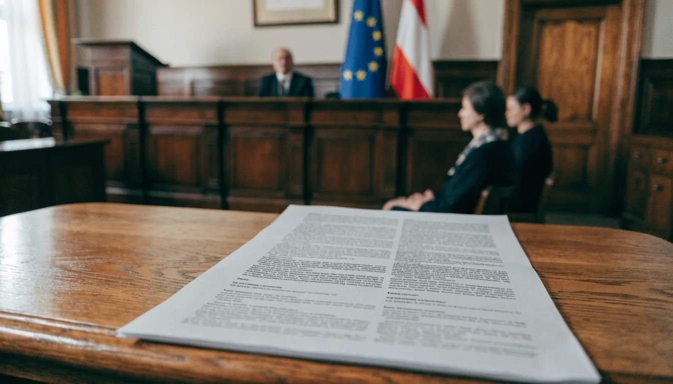 Gerichtssaal mit EU‑ und Österreich‑Flaggen im Hintergrund.