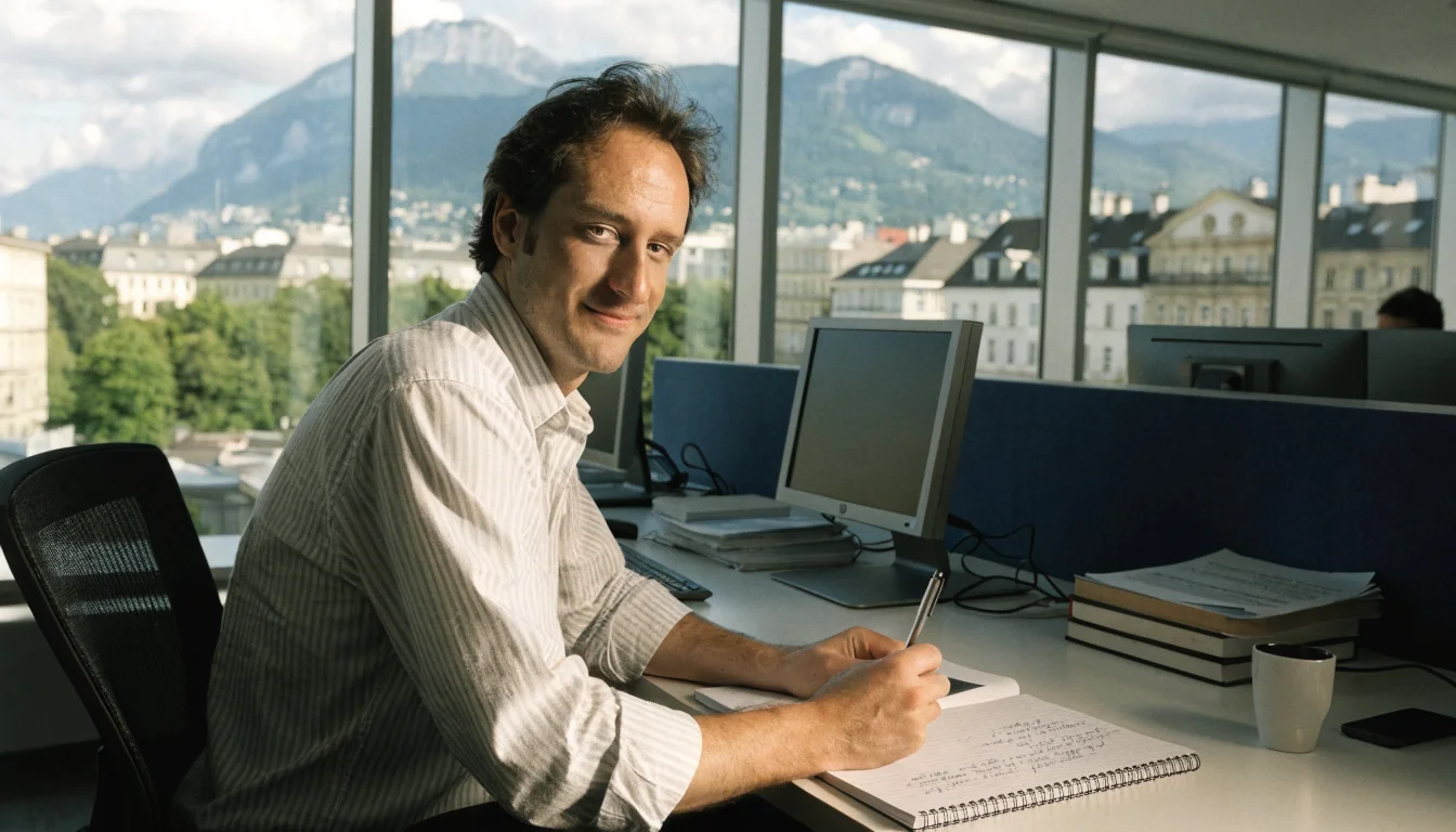 Freundlicher Büroangestellter in Wiener Büro mit Fensterblick auf Berge.