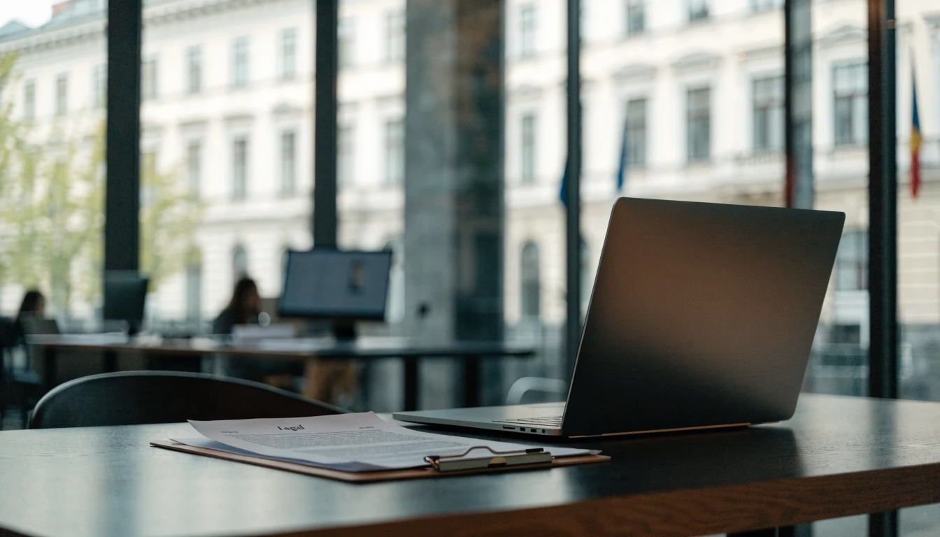 Büro in Wien mit Laptop, Dokumenten und österreichischer Flagge