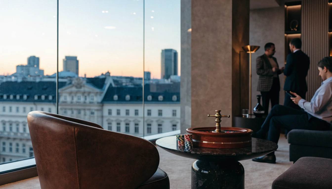 Gemütliche Lounge in Wien mit Pokerscheiben und Roulettekugel, Blick auf die Stadt bei Dämmerlicht