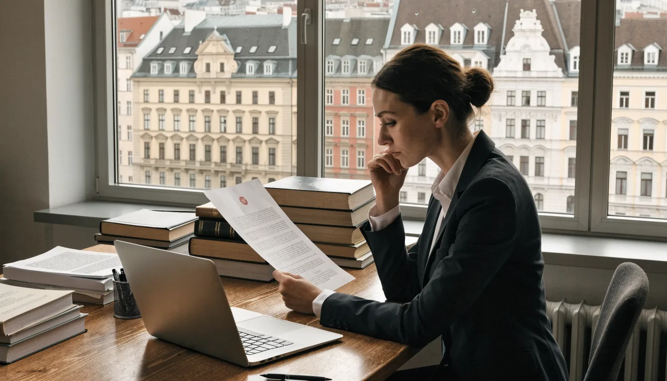Österreicher Anwalt im Büro mit Rechtsbüchern und Laptop