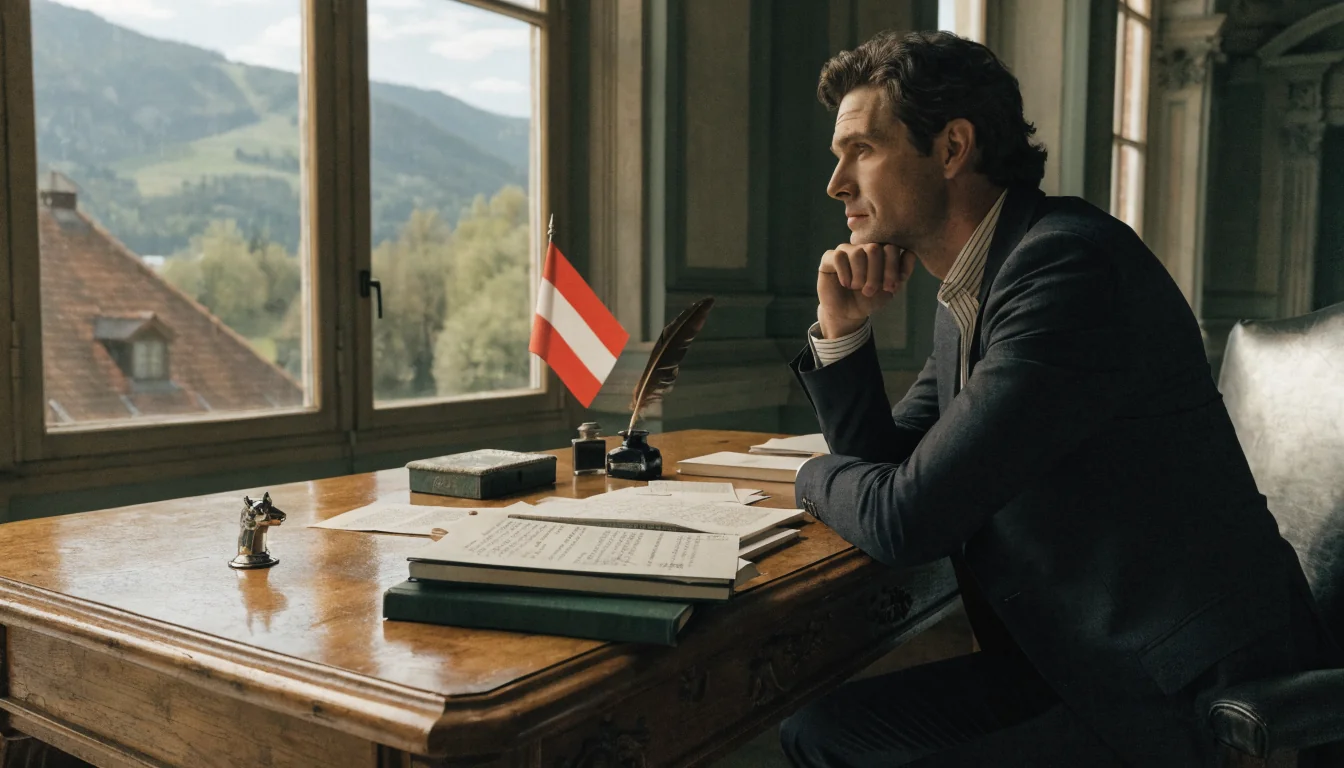 Historisches Büro mit Dokumenten und Alpenblick