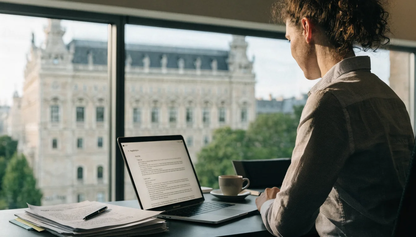 Büro mit Blick auf das österreichische Parlament und Dokumentenstapel